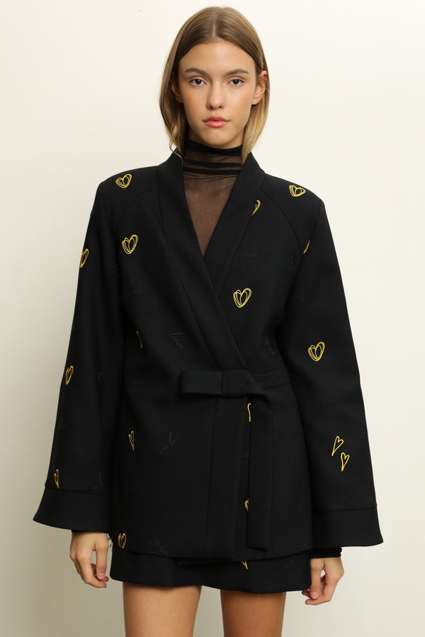 BLACK KIMONO BLAZER WITH EMBROIDERED YELLOW HEARTS