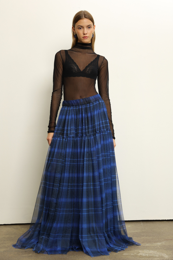 CHECKERED BLUE TULLE LONG SKIRT