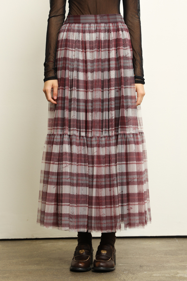 CHECKERED BURGUNDY TULLE MIDI SKIRT