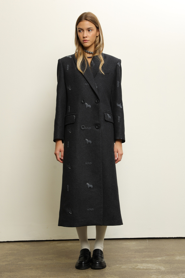 GRAPHITE GRAY LONG COAT WITH EMBROIDERED HORSES