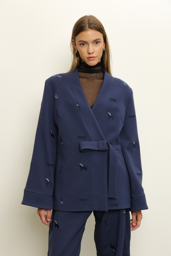 NAVY BLUE KIMONO BLAZER WITH EMBROIDERED HORSES
