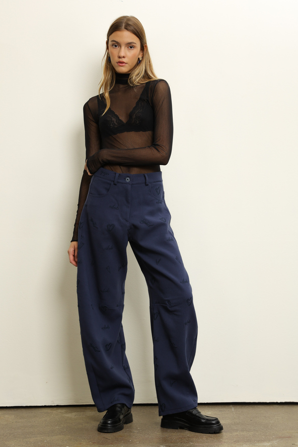 NAVY BLUE TROUSERS WITH EMBROIDERED HEARTS